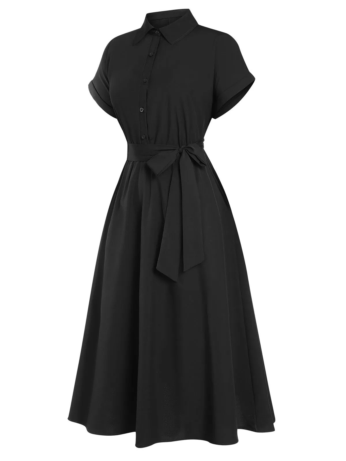 1940s Solid Cap Sleeves Buttoned Shirt Dress