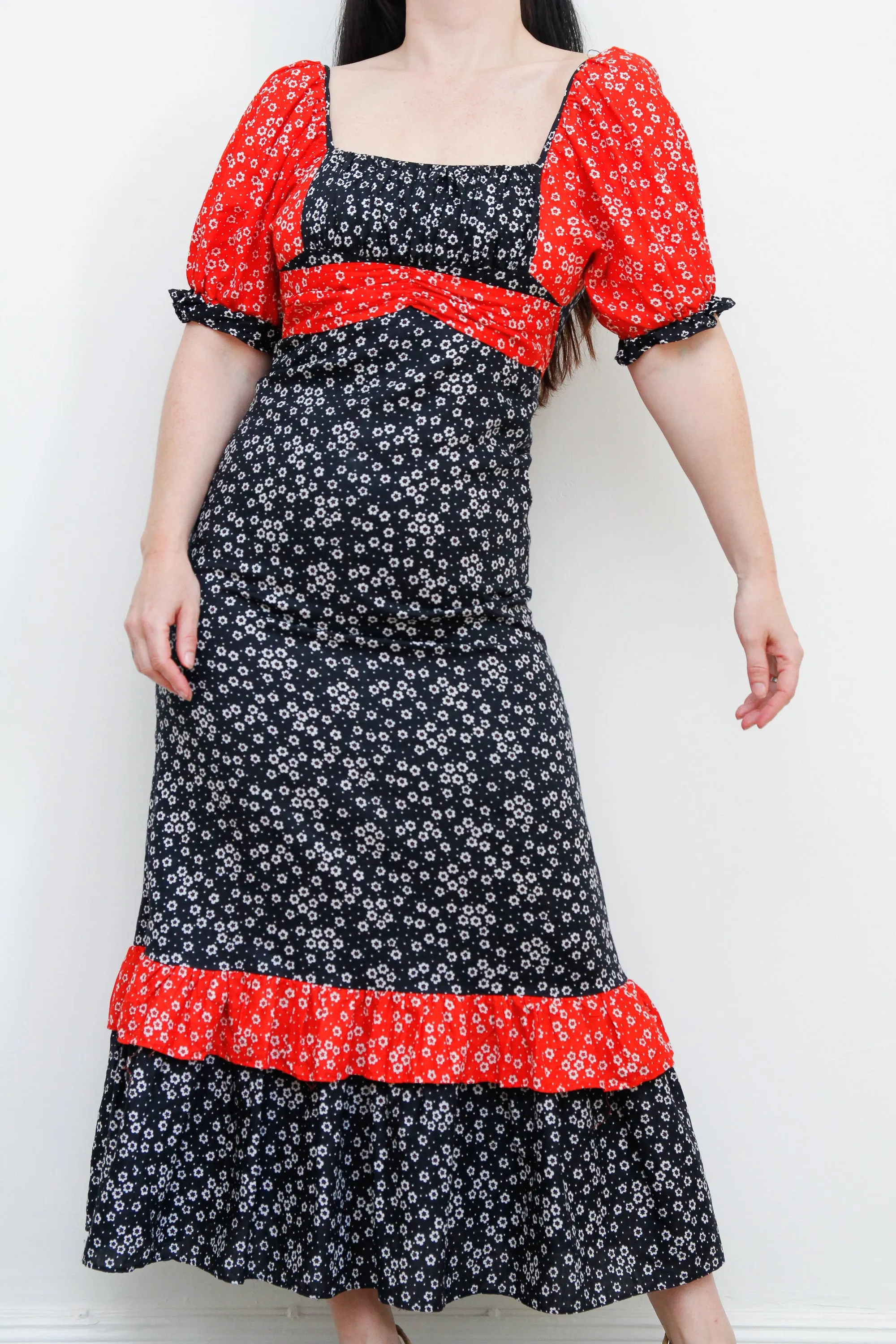 1970's Floral Prairie Puffy Sleeves Maxi  Dress