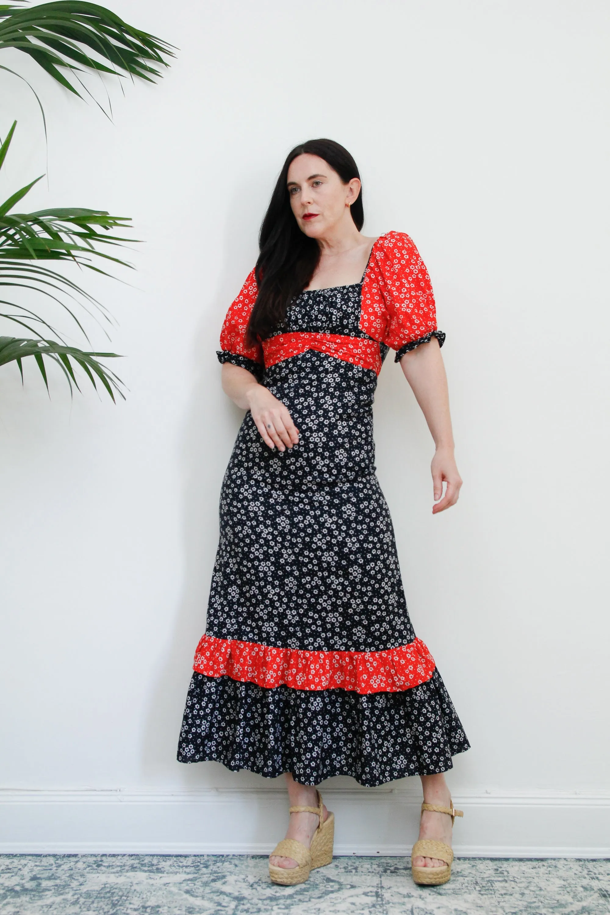 1970's Floral Prairie Puffy Sleeves Maxi  Dress