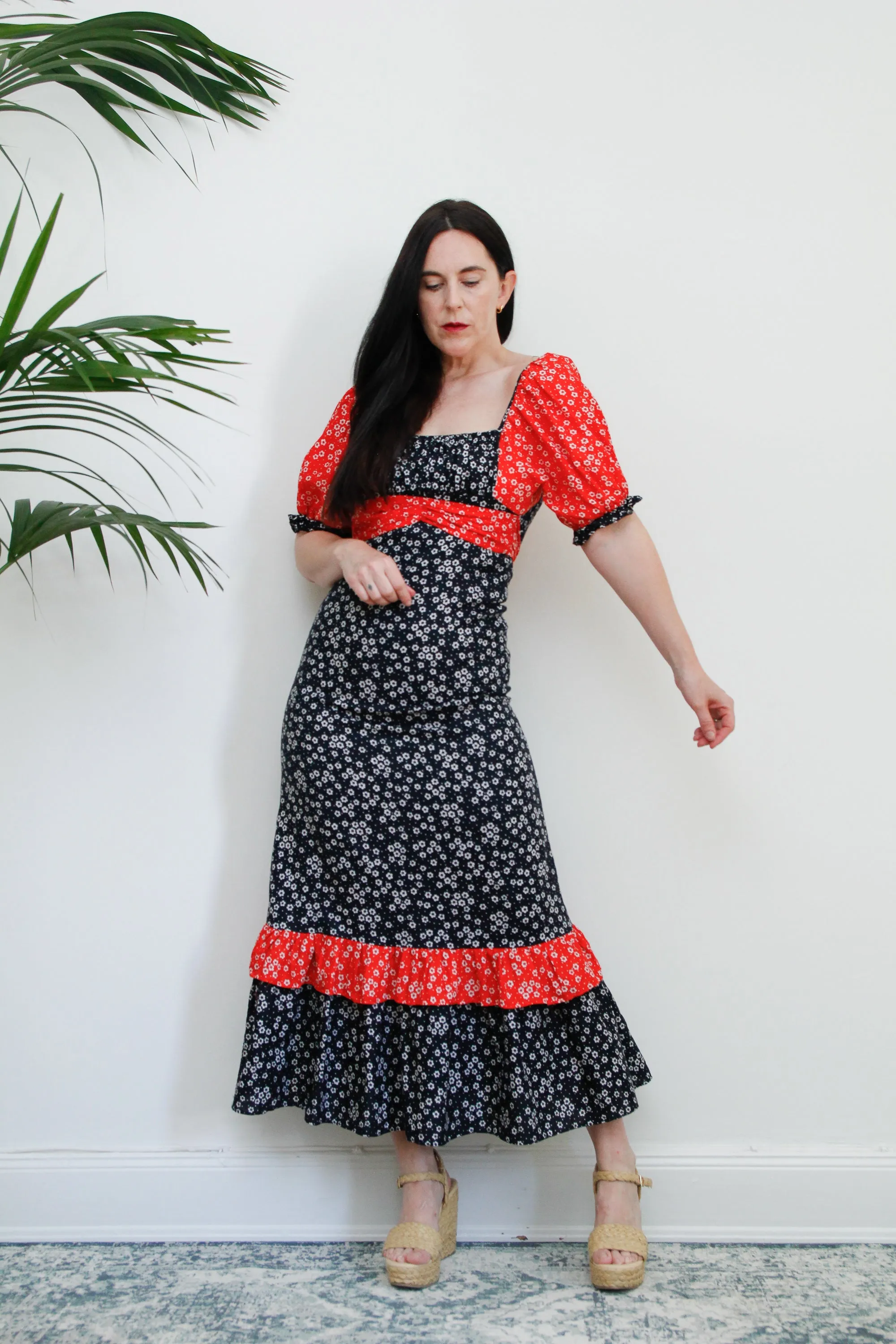 1970's Floral Prairie Puffy Sleeves Maxi  Dress