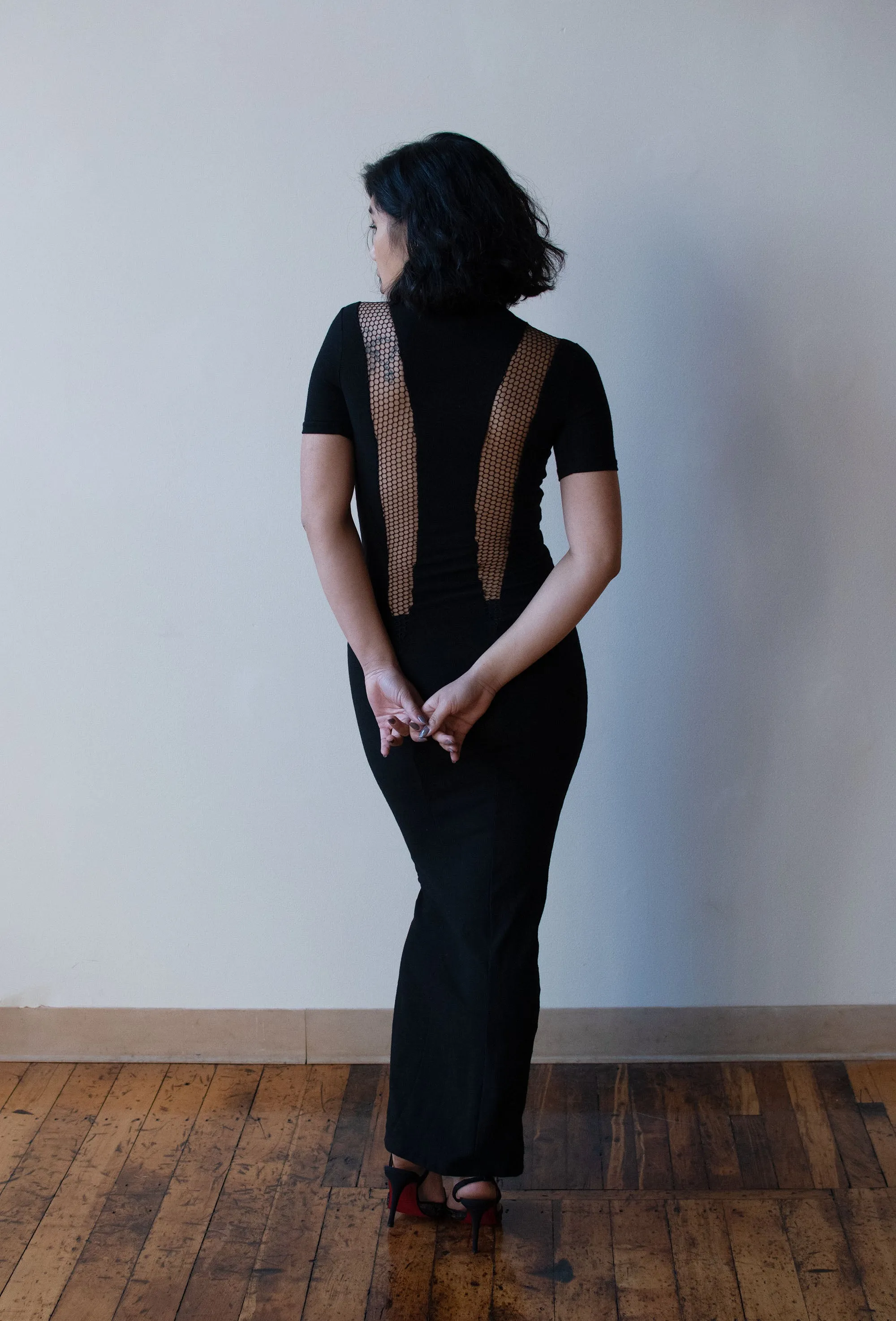 1990s Black Wool Fishnet Dress
