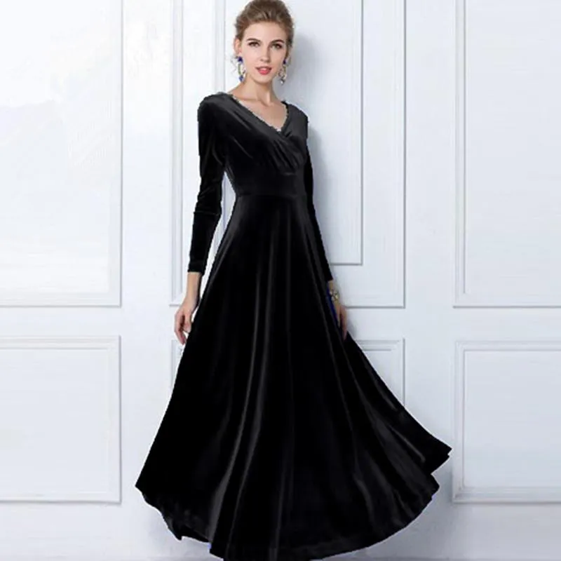 2018 Autumn Winter Dress Women Elegant Casual Long Sleeve Ball Gown Dress Vintage Velvet Party Dresses Plus Size ukraine 3XL