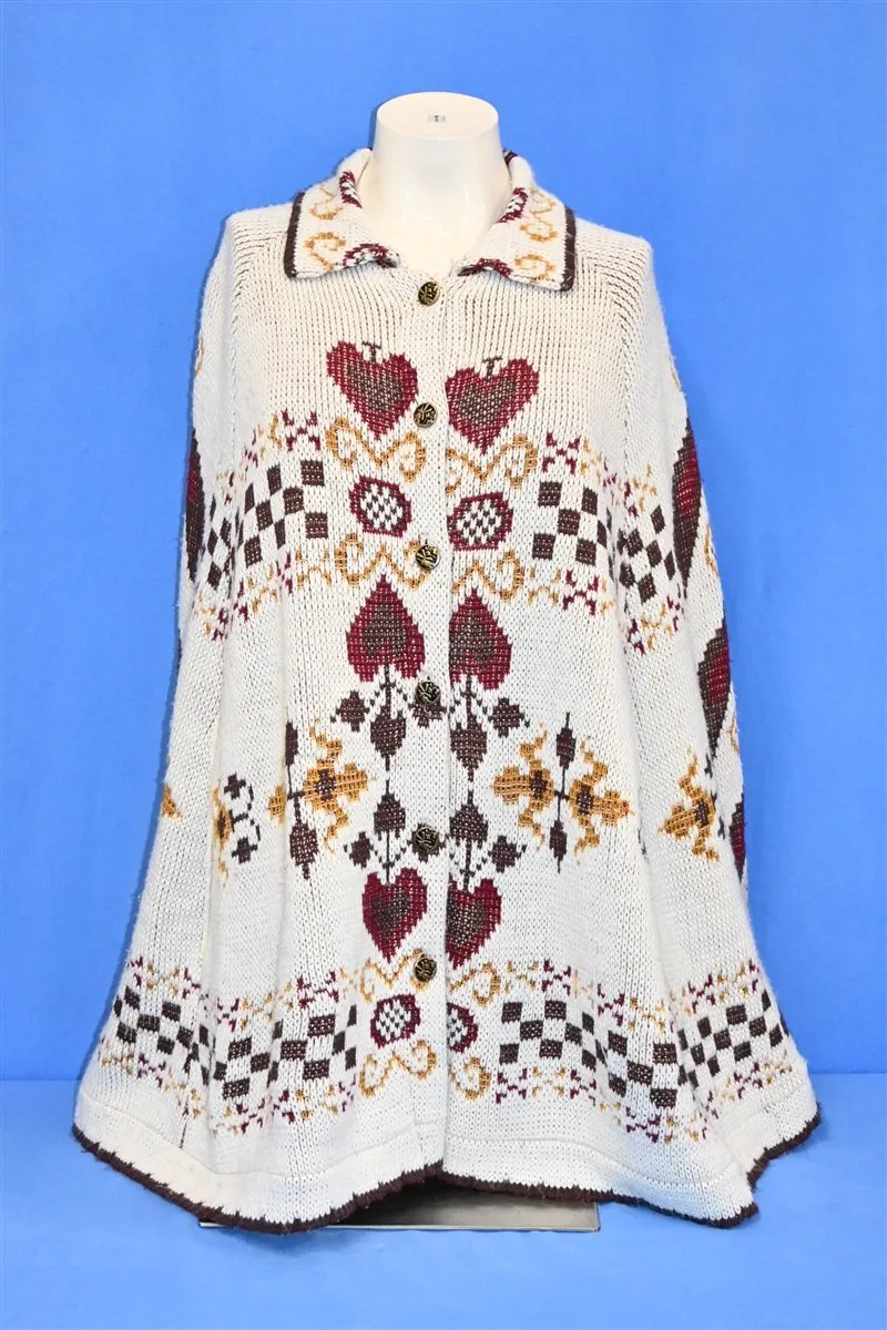 70s Collared Cape Hearts Metal Buttons Women's Sweater One Size