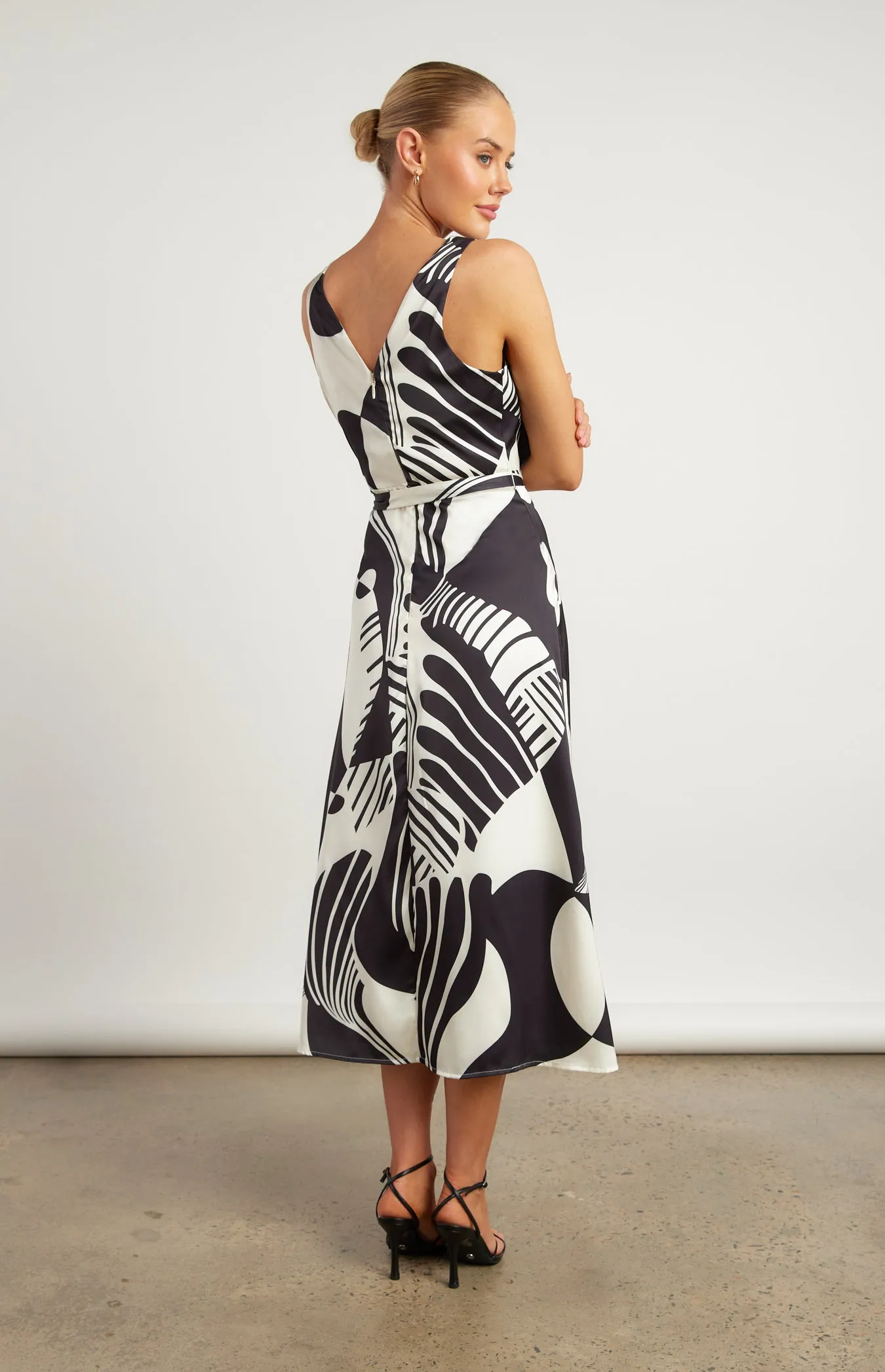 Abstract Printed Satin Midi
Dress with Scarf Feature