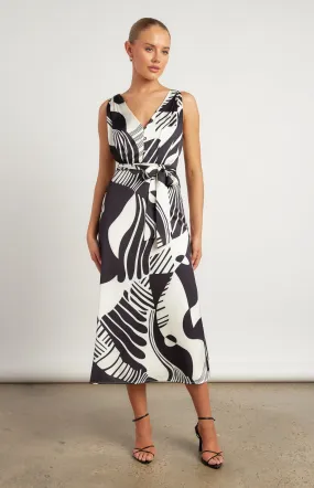 Abstract Printed Satin Midi
Dress with Scarf Feature