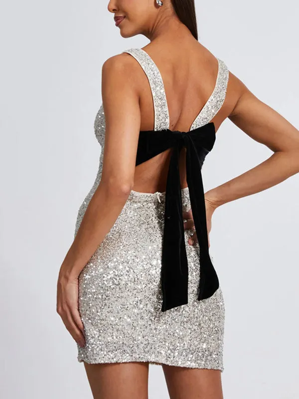 Backless and Sleeveless Fitted Silver Sequin Dress