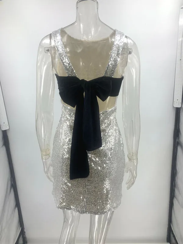 Backless and Sleeveless Fitted Silver Sequin Dress
