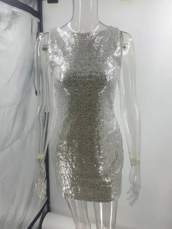 Backless and Sleeveless Fitted Silver Sequin Dress