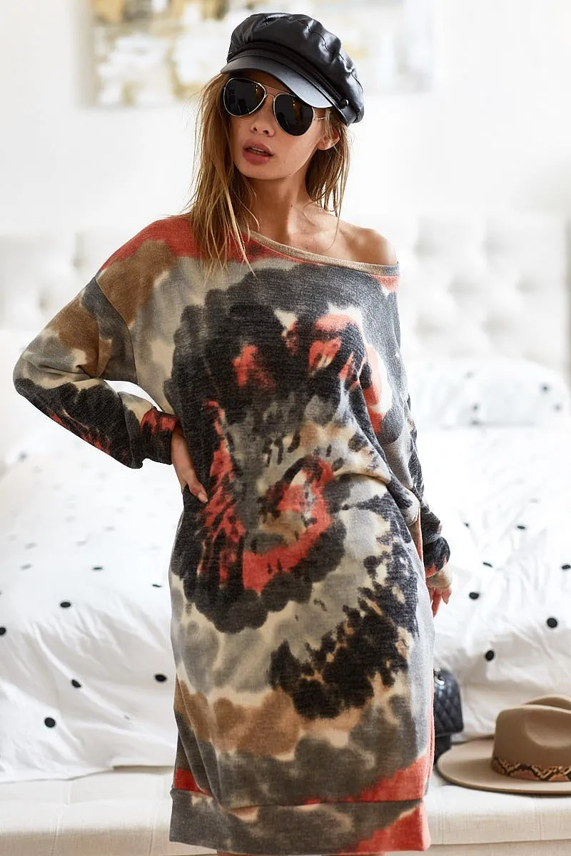BD7055-01 | TIE DYE PRINT SWEATER KNIT DRESS WITH SIDE POCKET