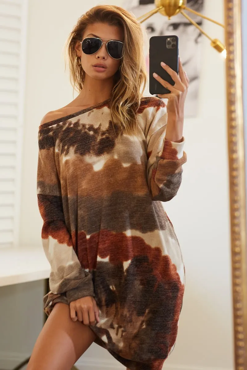 BD7055-01 | TIE DYE PRINT SWEATER KNIT DRESS WITH SIDE POCKET
