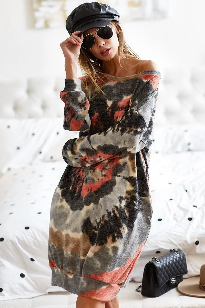 BD7055-01 | TIE DYE PRINT SWEATER KNIT DRESS WITH SIDE POCKET