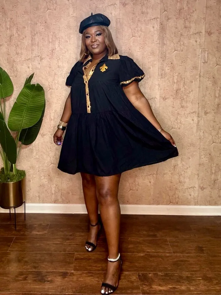 BLACK & GOLD SEQUIN TRIM DRESS