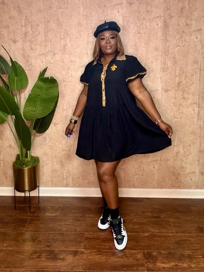 BLACK & GOLD SEQUIN TRIM DRESS