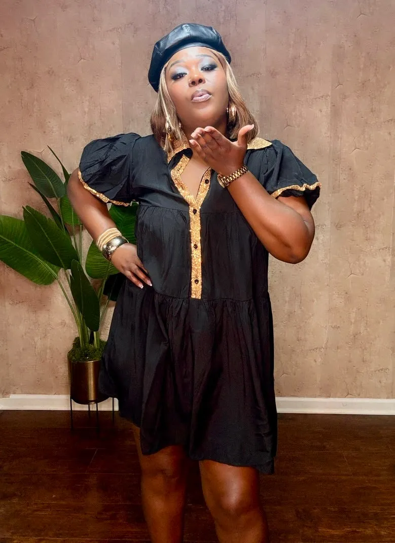 BLACK & GOLD SEQUIN TRIM DRESS