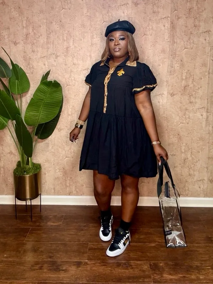 BLACK & GOLD SEQUIN TRIM DRESS