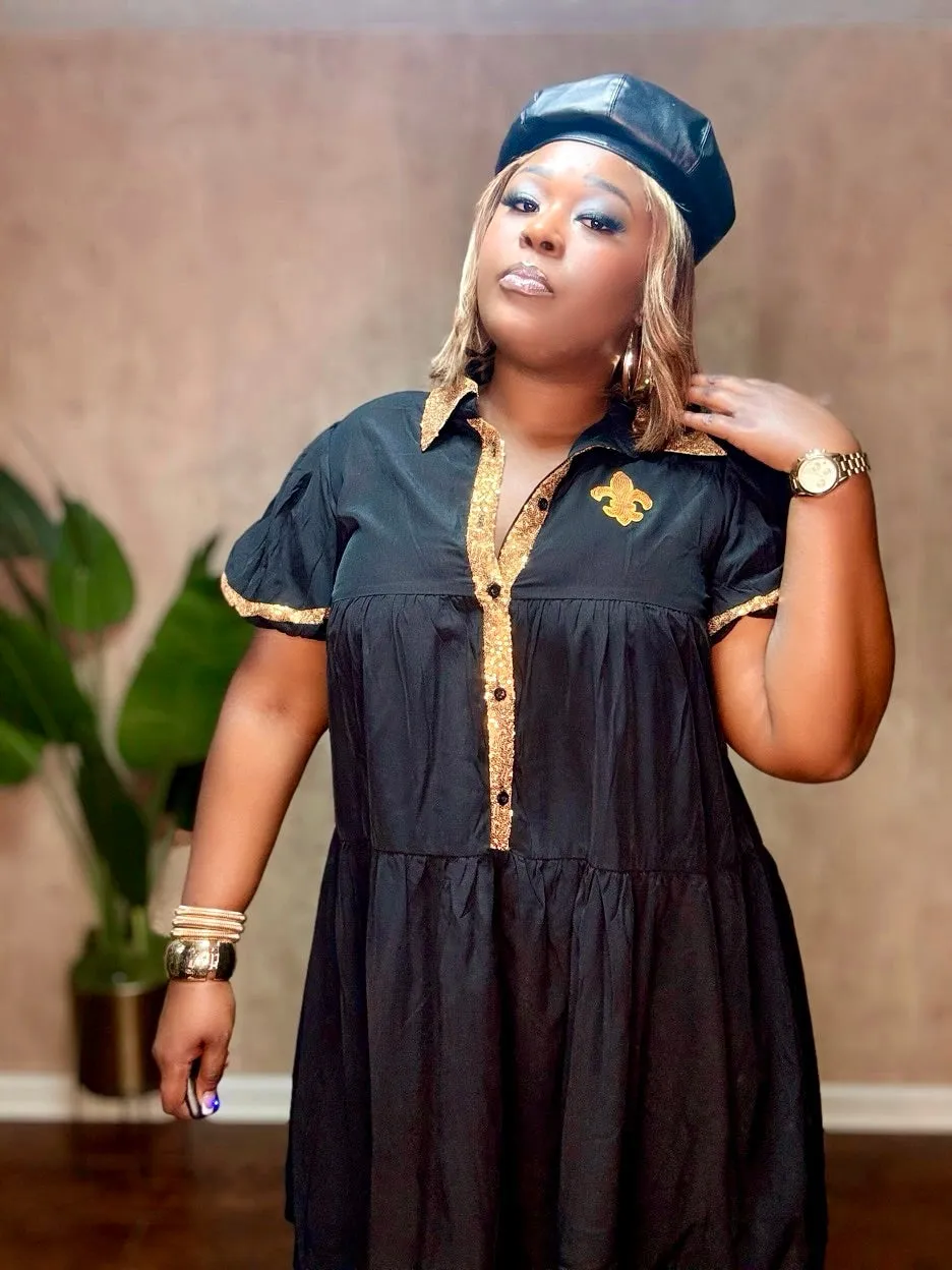 BLACK & GOLD SEQUIN TRIM DRESS