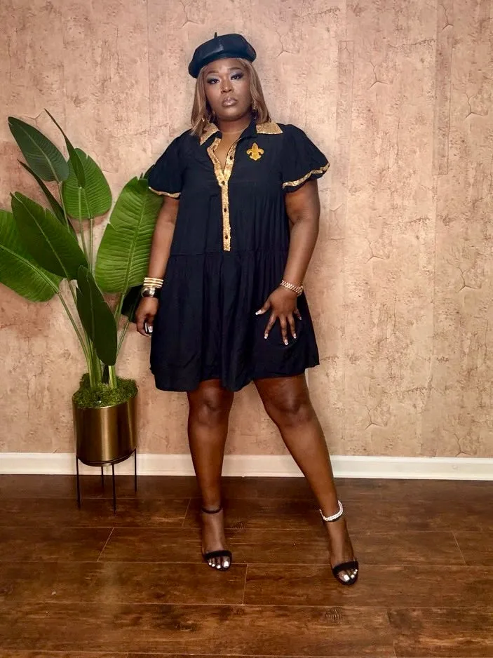 BLACK & GOLD SEQUIN TRIM DRESS