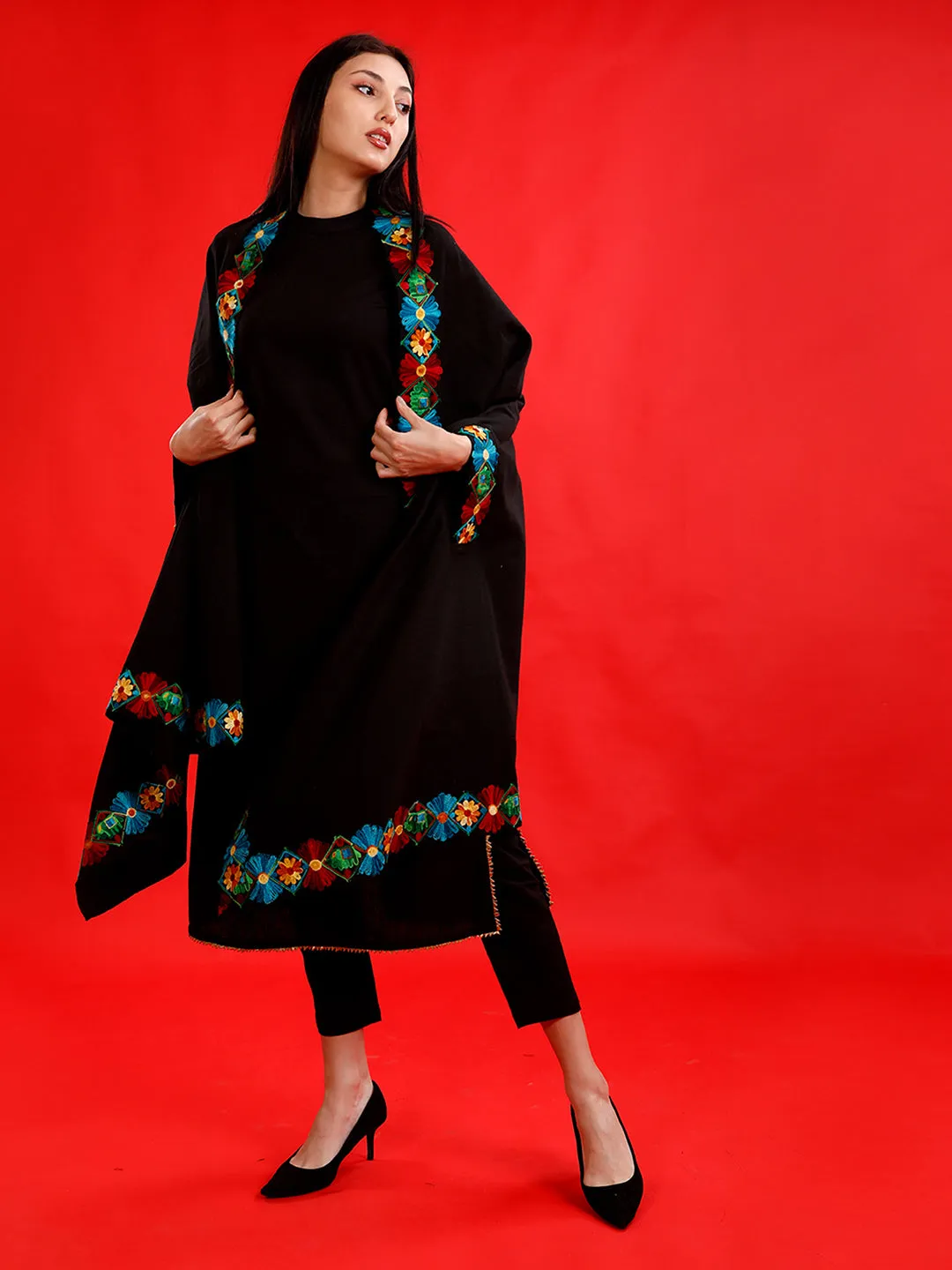 Black flex cape/shrug with aari lace embellishments
