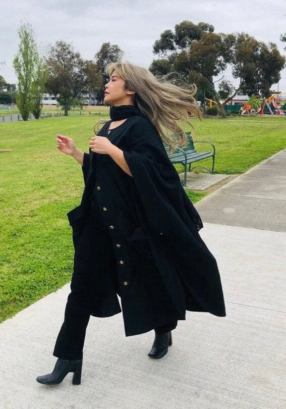 Black fringe scarf wool cape