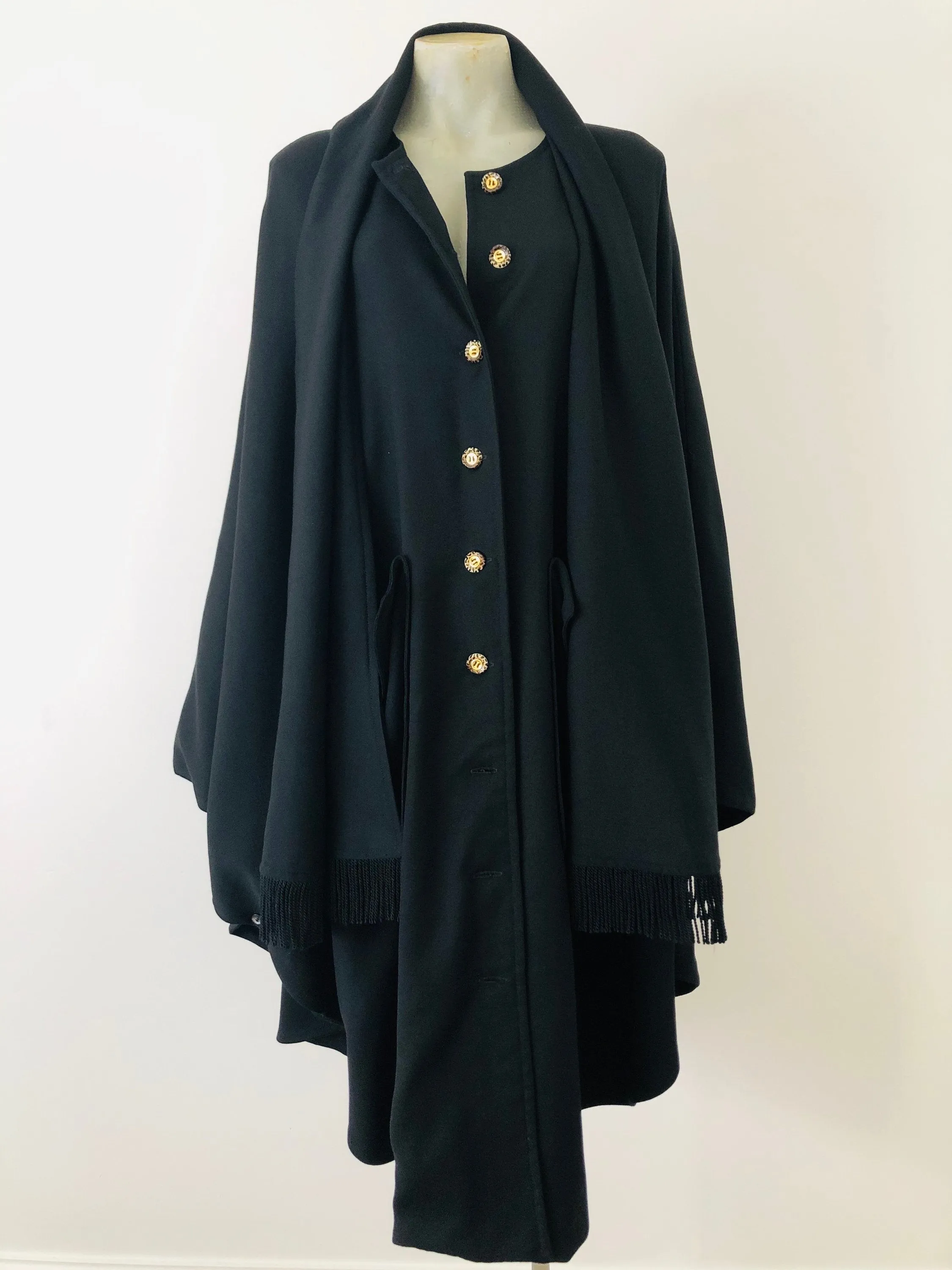 Black fringe scarf wool cape