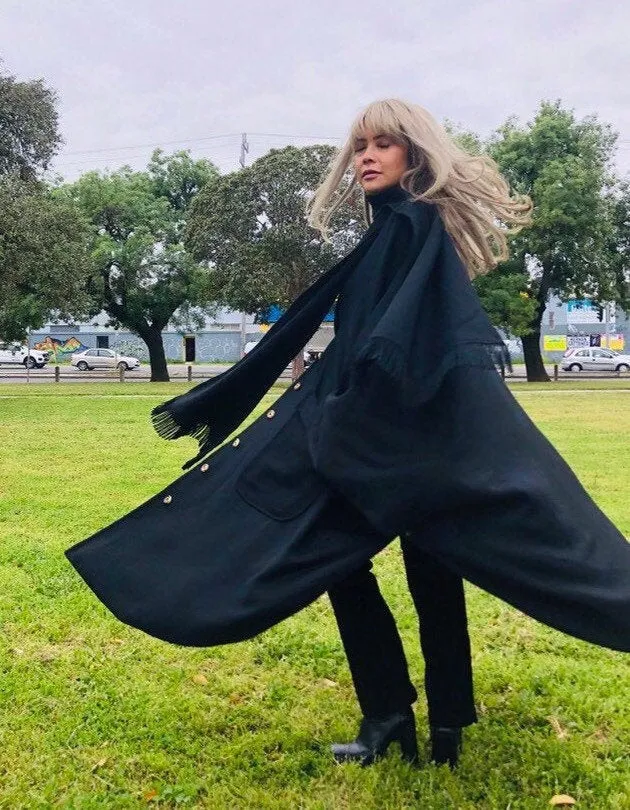 Black fringe scarf wool cape