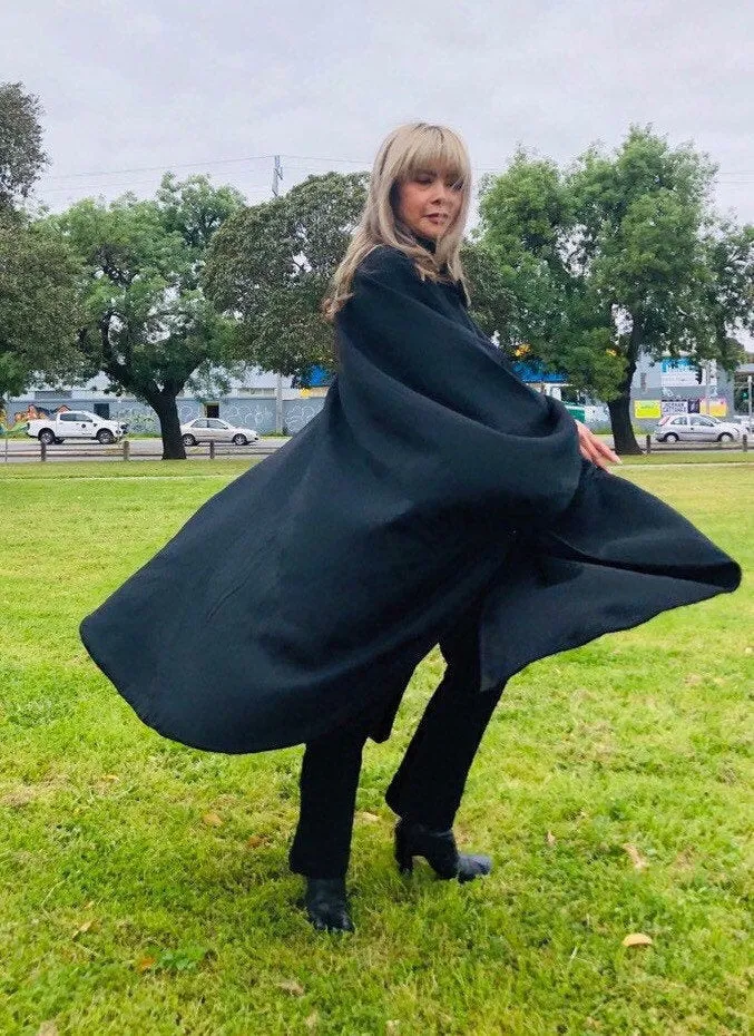 Black fringe scarf wool cape