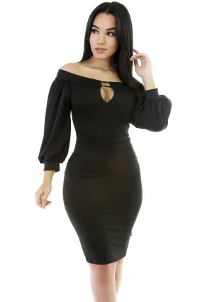 Black Puffs Peep Hole Off Shoulder Midi Bodycon Dress