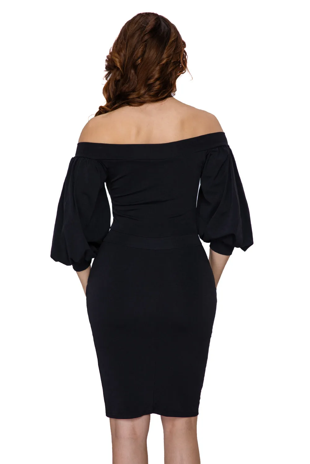 Black Puffs Peep Hole Off Shoulder Midi Bodycon Dress