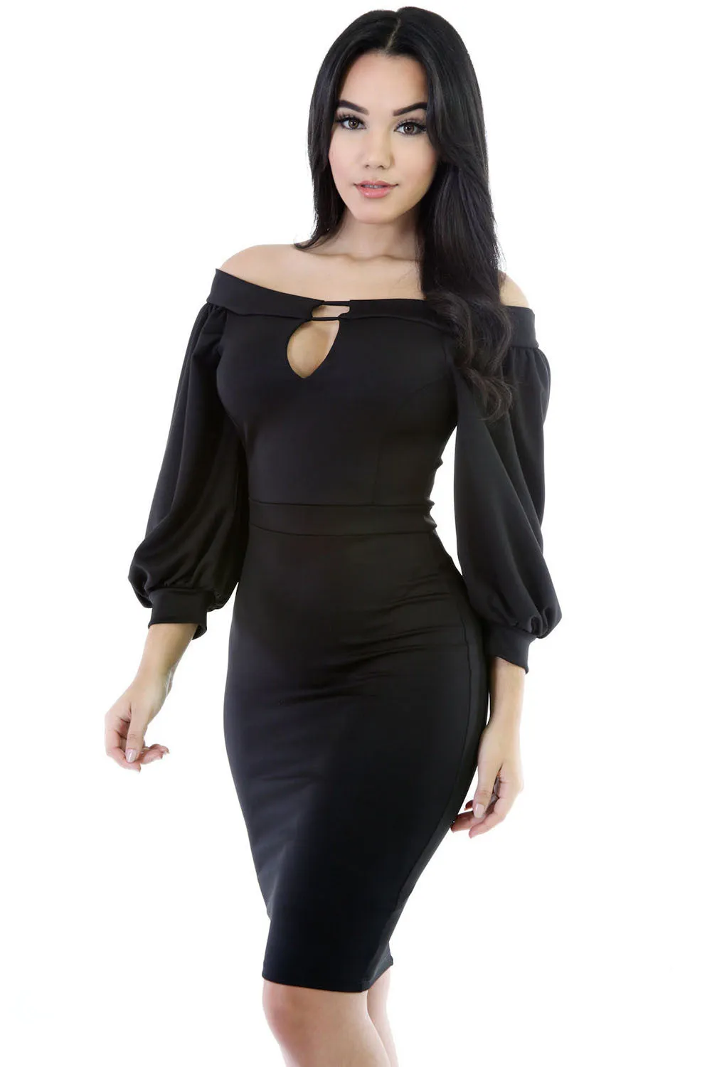 Black Puffs Peep Hole Off Shoulder Midi Bodycon Dress