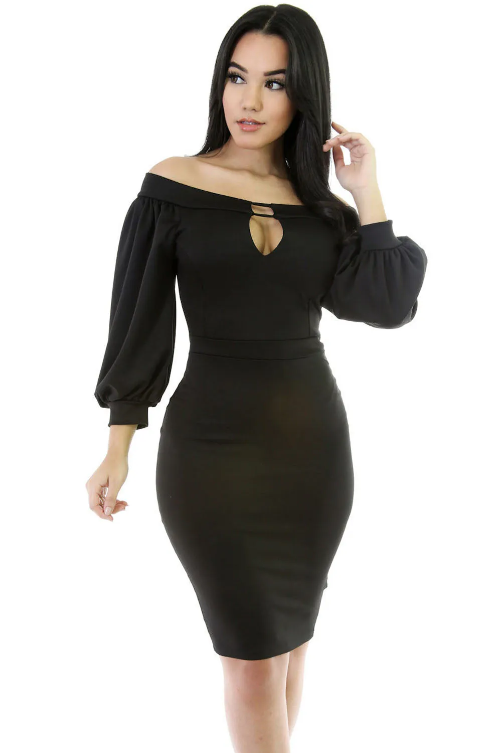Black Puffs Peep Hole Off Shoulder Midi Bodycon Dress