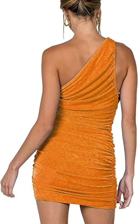 Blue Women's Sexy One Shoulder Ruched Sleeveless Bodycon Mini Short Dress - Lyaner