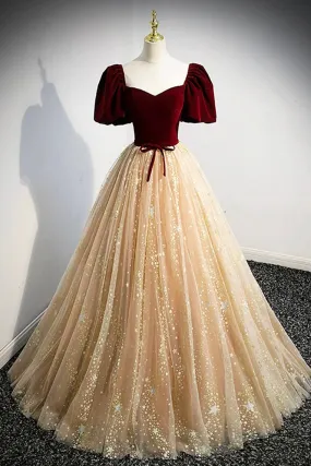 Burgundy Velvet and Champagne Tulle Long Prom Dress, A-Line Evening Party Dress