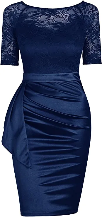 Burgundy Women's Short Sleeve Colorblock Sheath Pencil Business Church Dress - Mmondschein