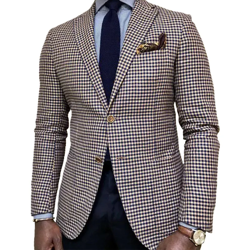 Business Casual Notch Lapel Chest Pocket Single Breasted Plaid Blazer 250199964