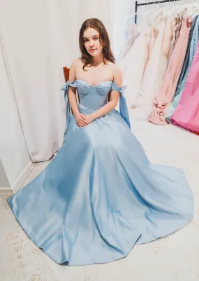 Bustier corset baby blue dress with self-tie bows for hire