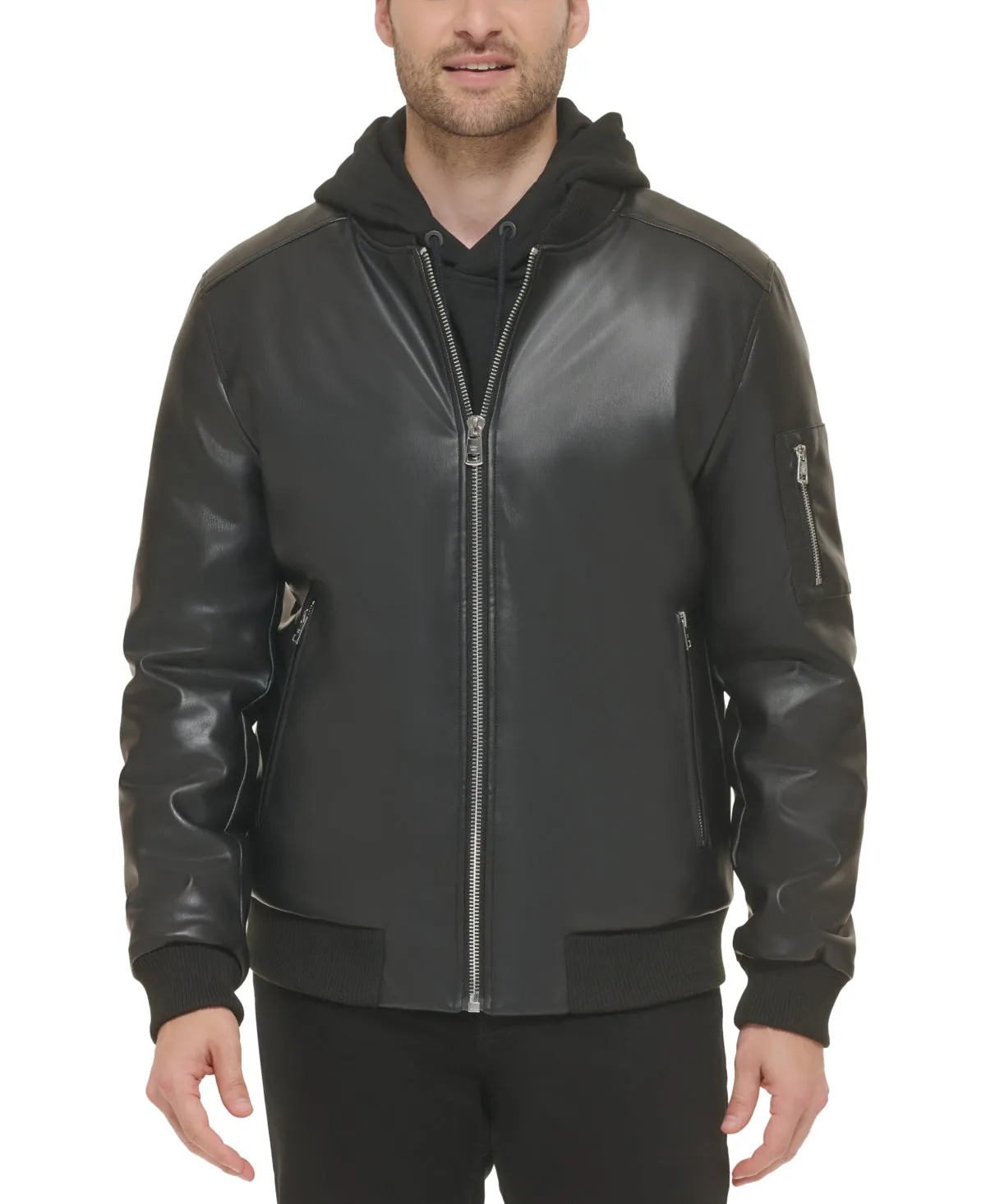 Calvin Klein Mens Faux Leather Bomber Jacket Coat Black 2XL