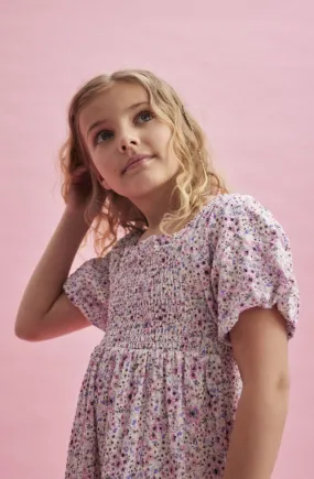 Creamie Brand Crinkle Floral Dress with Smocked Bodice and Bubble Sleeve: Size 2 to 10 Years