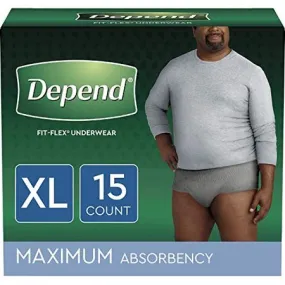 Depend FIT-FLEX Incontinence Underwear for Men, Maximum Absorbency, Disposable, XL, Grey, 15 Count