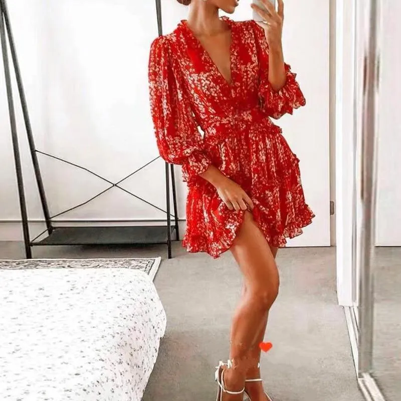 FashionSierra - V-neck backless dress printed Elegant lantern sleeve ruffle dresses