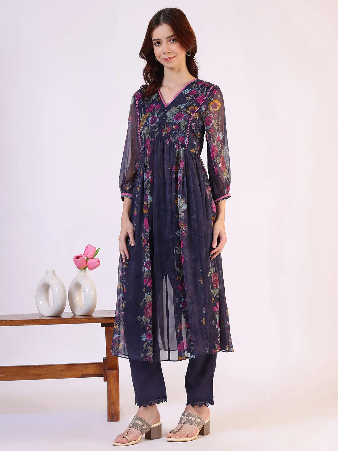 Floral Printed Flared Sheer Kota Kurta & Straight Pant with Dupatta Set