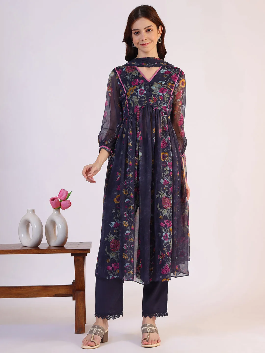 Floral Printed Flared Sheer Kota Kurta & Straight Pant with Dupatta Set