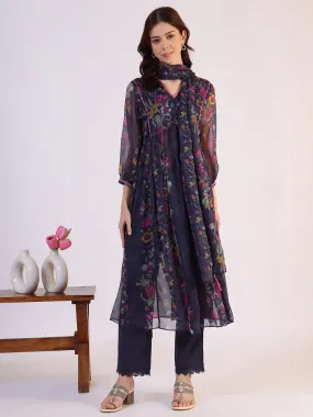 Floral Printed Flared Sheer Kota Kurta & Straight Pant with Dupatta Set