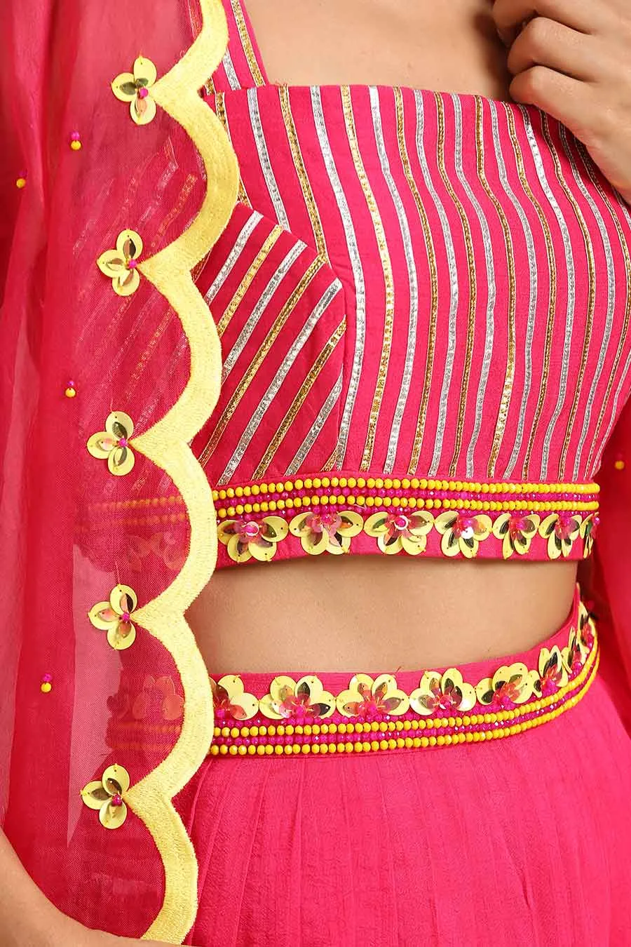 Fuschia Silk Skirt Set With Organza Cape