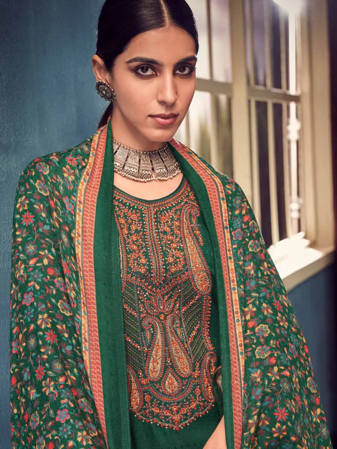 Green Pashmina Twill Embroidered Unstitched Winter Suits