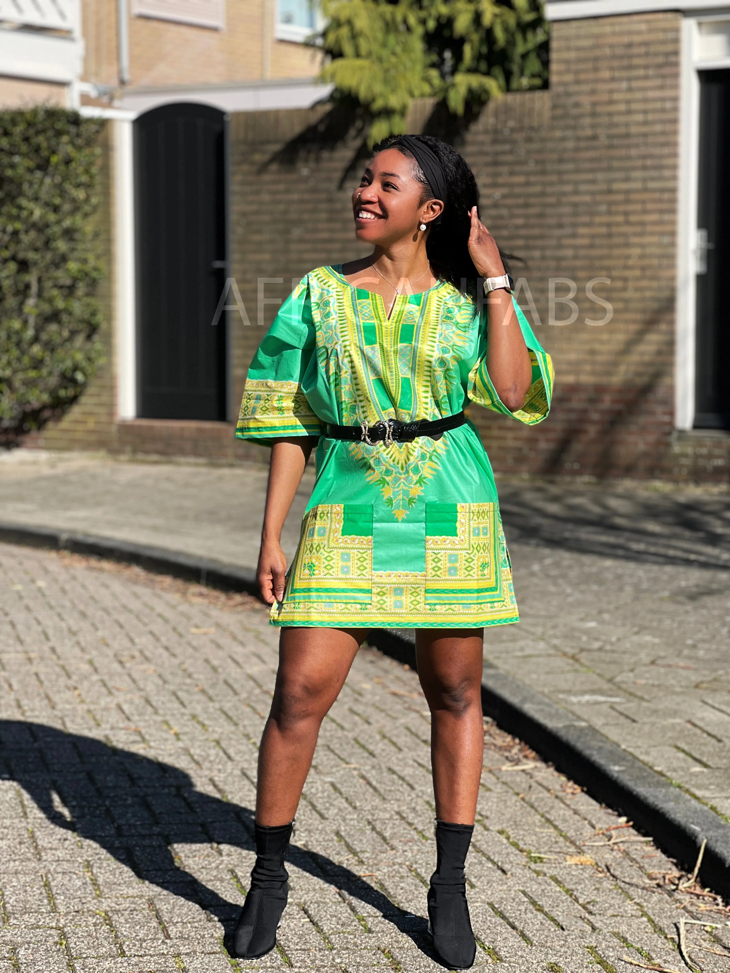 Lemon green Dashiki Shirt / Dashiki Dress - African print top - Unisex - Vlisco