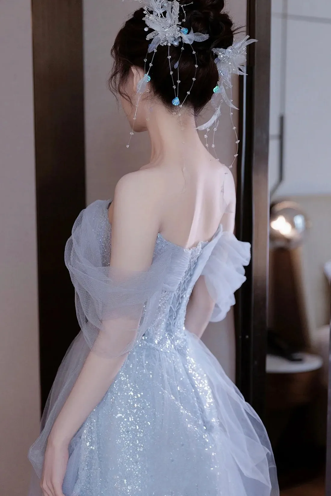 Light Blue Tulle Off Shoulder Party Dress, A-Line Sequins Blue Formal Dress Prom Dress