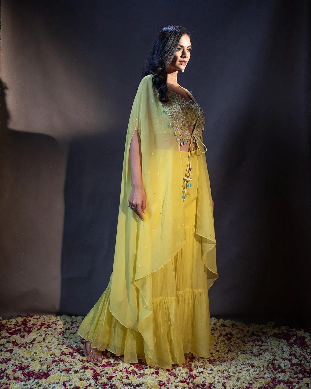 Lime Yellow Embroidered Festive Fusion Set