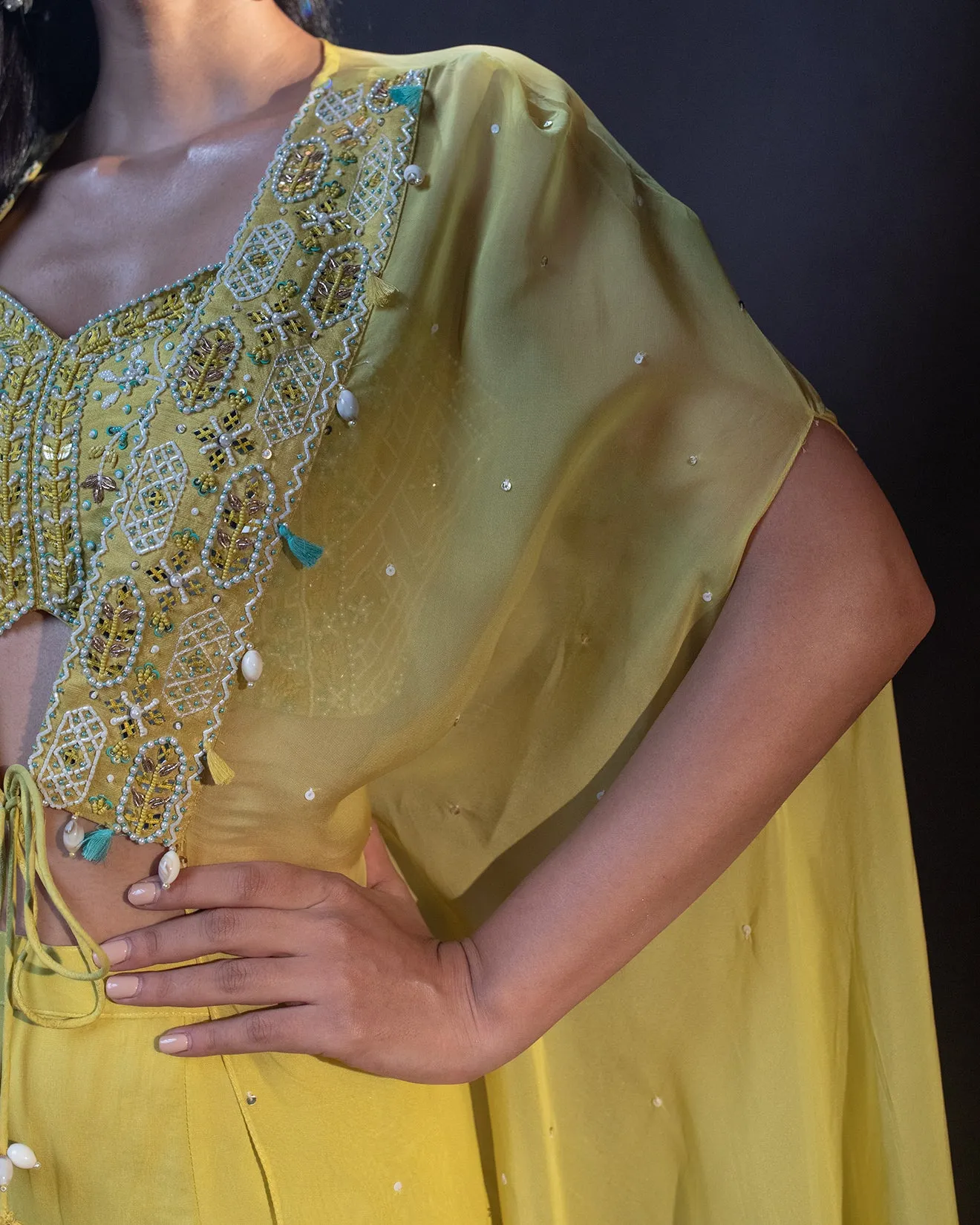 Lime Yellow Embroidered Festive Fusion Set