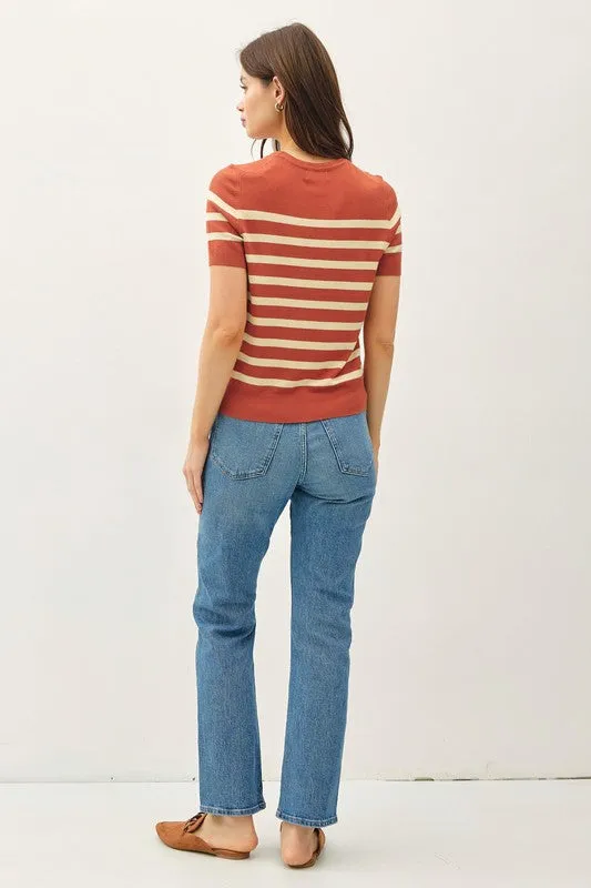 Lining Things Up Rust Striped Short Sleeve Sweater Top