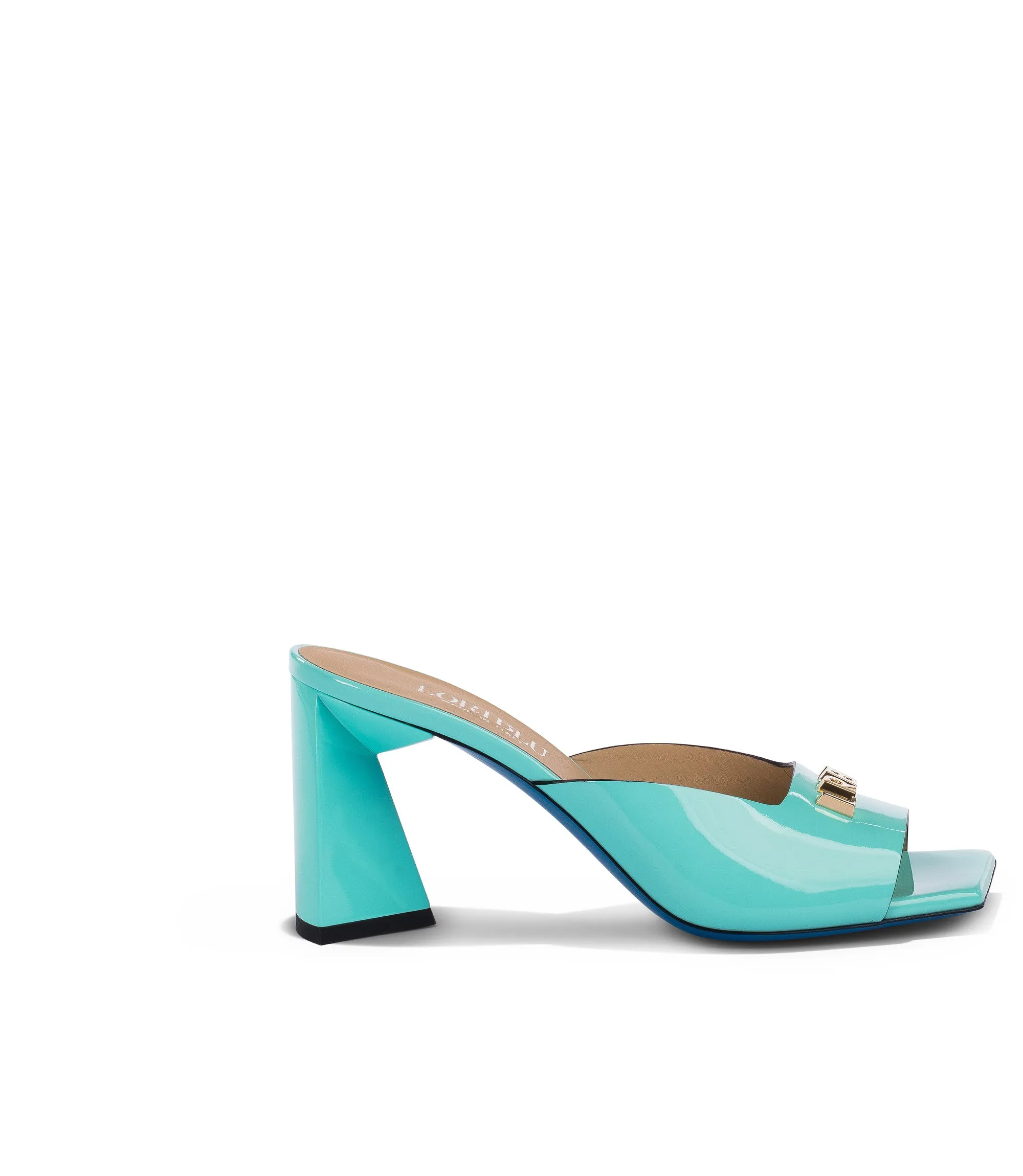 Logo-plaque sky blue patent leather mules